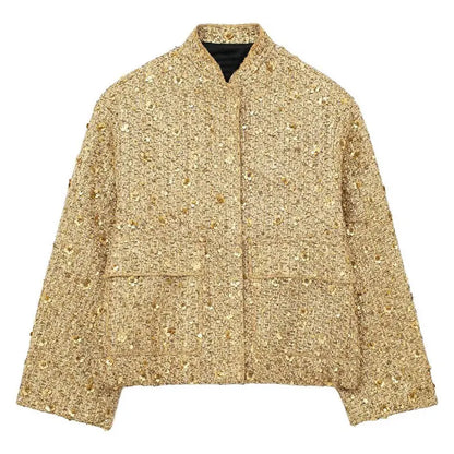 Gold Sequin Decoration Loose Short New Fashion Versatile Warm Chic Elegant Coat