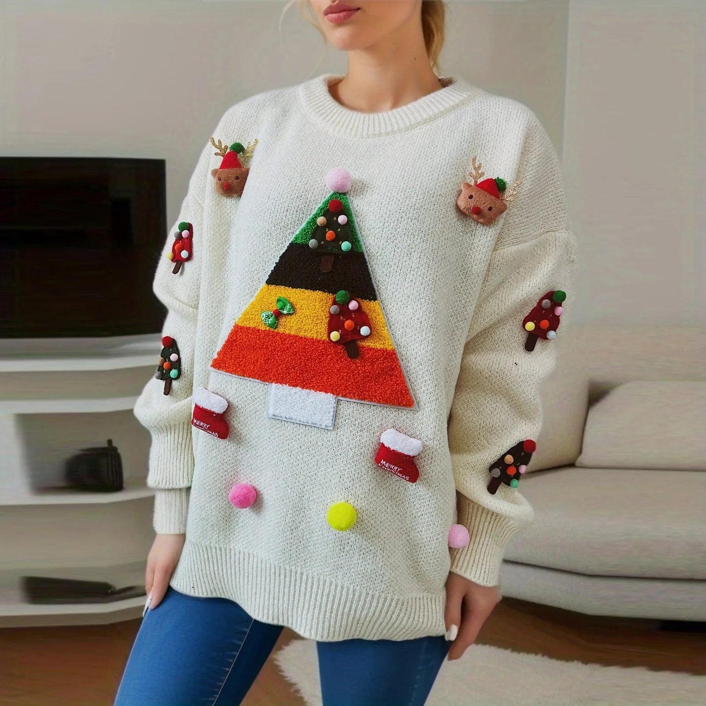 Christmas Tree Jacquard Round Neck Long Sleeve Fleece Christmas Sweater