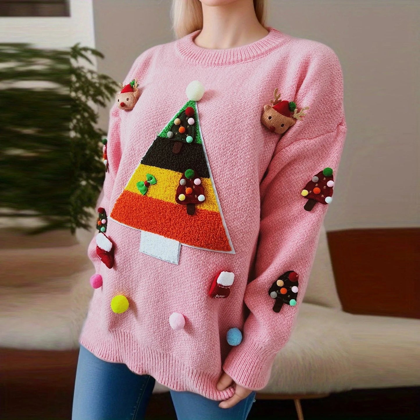 Christmas Tree Jacquard Round Neck Long Sleeve Fleece Christmas Sweater