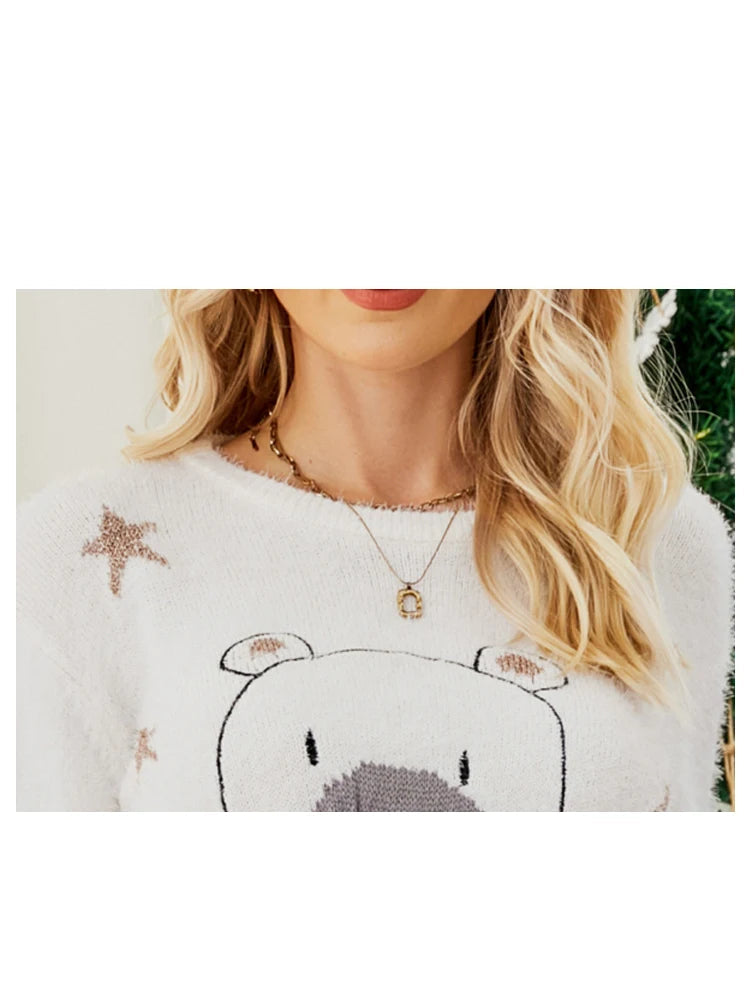 Christmas Cartoon Bear Embroidery Holiday Sweater