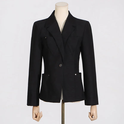 Elegant Solid Patchwork Single Button Notched Collar Long Sleeve Temperament Female Jackets New Blazer