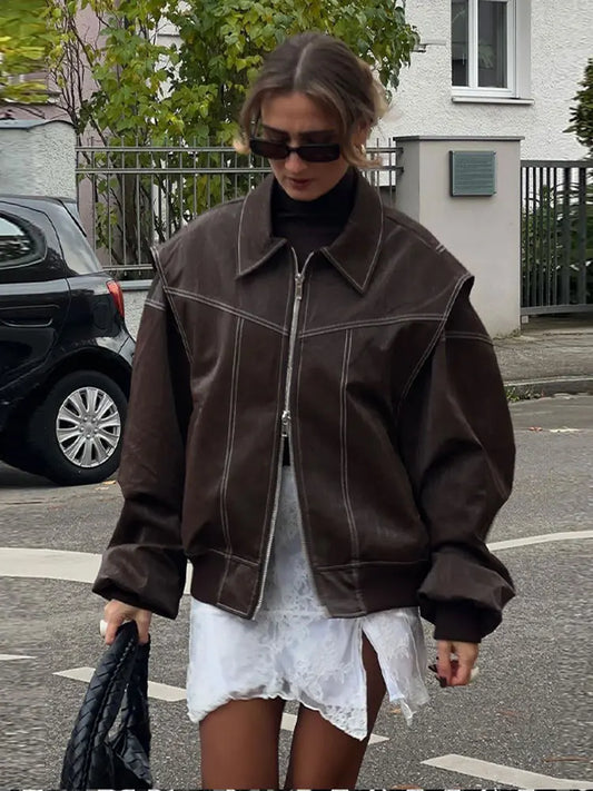 Vintage Casual Loose Turndown Collar Solid Color Outerwear Autumn New Female Jacket