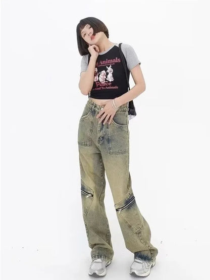 Amy Fashion - Vintage Street Deconstructed Yellow Mud Dyed Old Loose Wide Leg Women's Jean