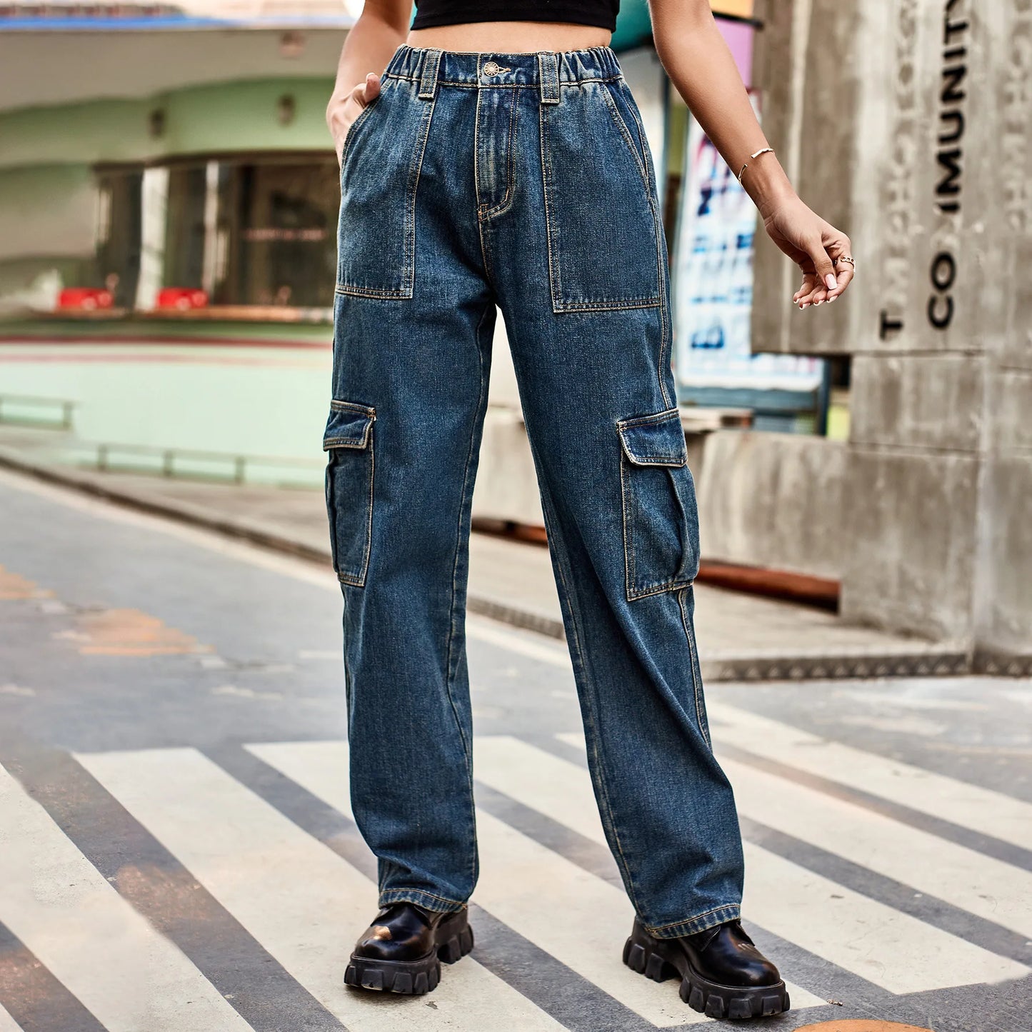 Amy Fashion - Vintage Streetwear High Waist Women American Fashion Blue Wide Leg Trouser Female Baggy Straight Denim Jean