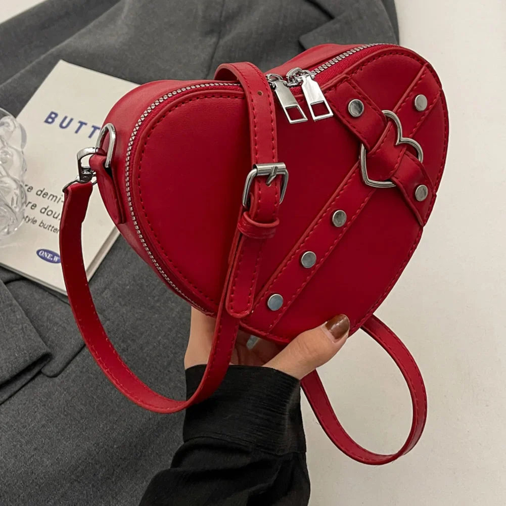 Red Leather Heart Shaped Vintage Chain Rivet Y2K Small Bag PU