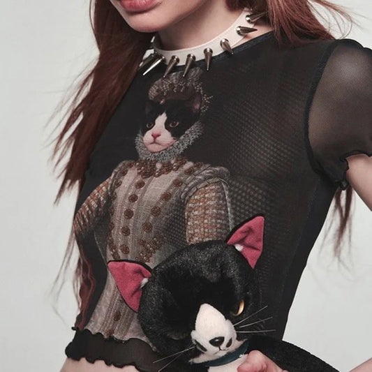 Vintage Y2K Goth Harajuku Cat Print Emo Short Sleeve Mesh Tee Women Crop Top