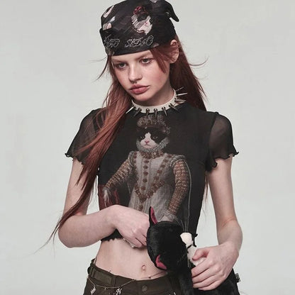 Vintage Y2K Goth Harajuku Cat Print Emo Short Sleeve Mesh Tee Women Crop Top