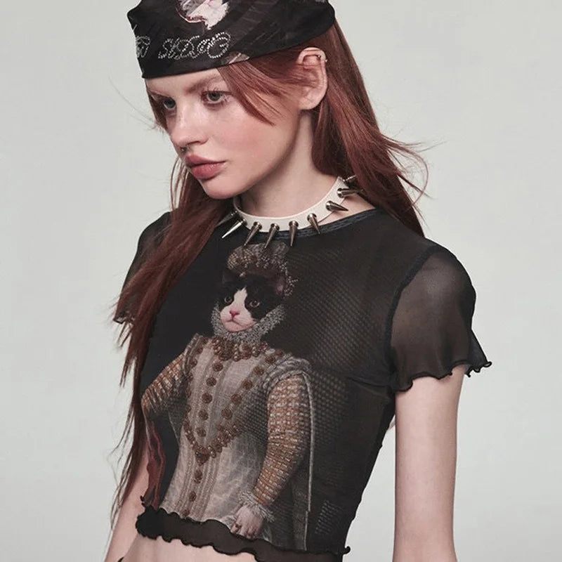 Vintage Y2K Goth Harajuku Cat Print Emo Short Sleeve Mesh Tee Women Crop Top