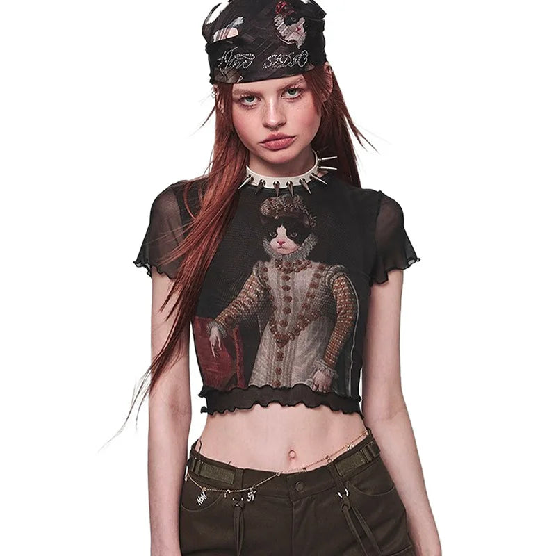 Vintage Y2K Goth Harajuku Cat Print Emo Short Sleeve Mesh Tee Women Crop Top