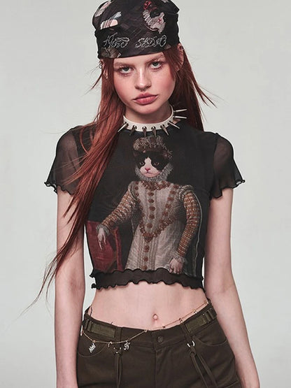 Vintage Y2K Goth Harajuku Cat Print Emo Short Sleeve Mesh Tee Women Crop Top