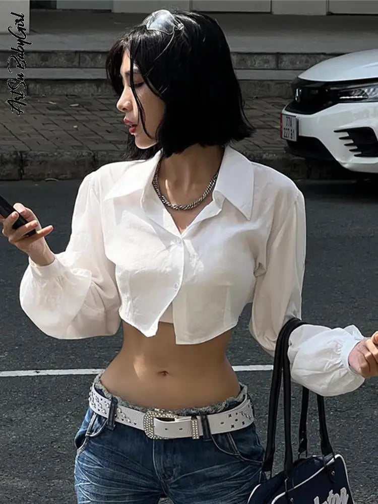 White Hollow Out Crop Turn Down Collar Streetwear Blouse