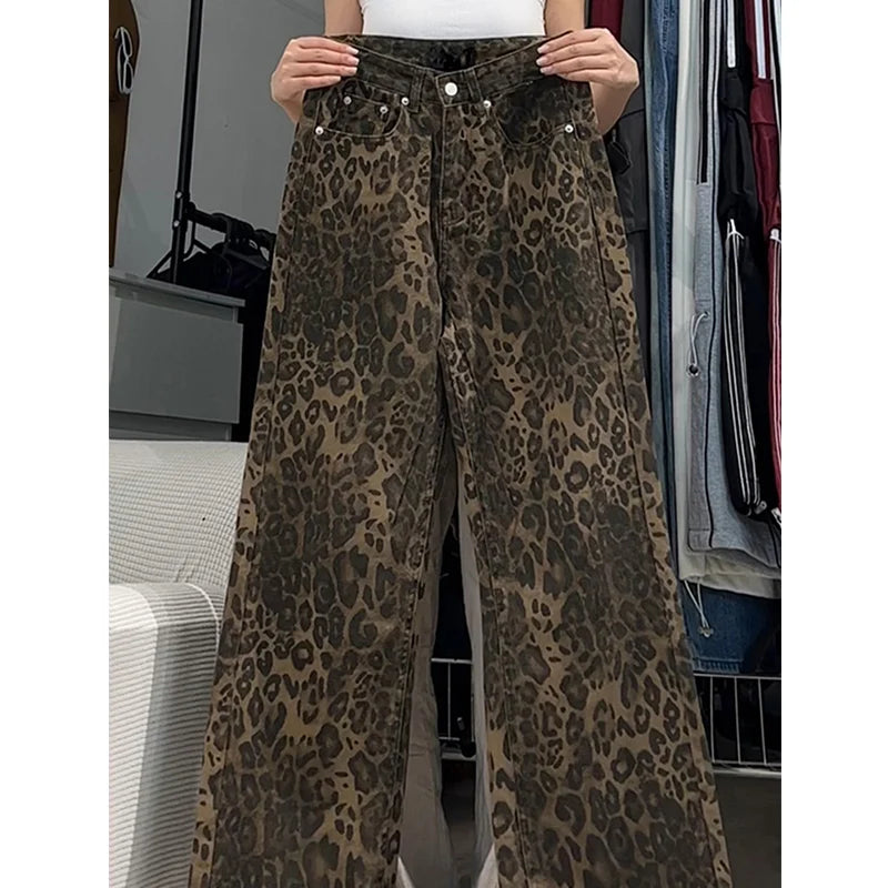 Amy Fashion - Wide Leg Leopard Print Women High Waisted 2024 Y2k Fashion Streetwear Retro Denim Baggy Casual Straight Jean