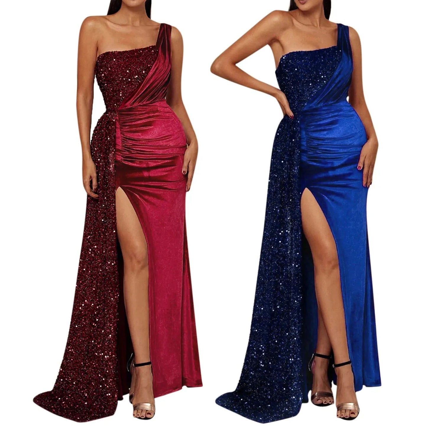 One Shoulder Draped Split Wedding Party Prom Formal Long Gown Christmas Dress