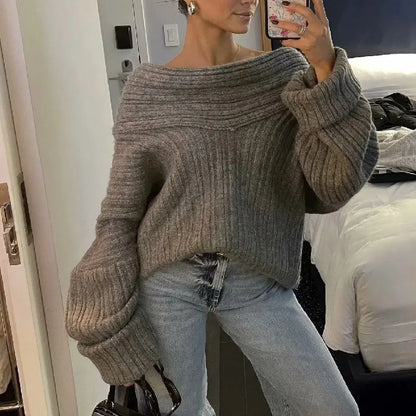 Winter Coffee Rib Knitting Ruched Slash Shoulder Pullover Women Full Sleeve Loose Thick Cozy Sweater