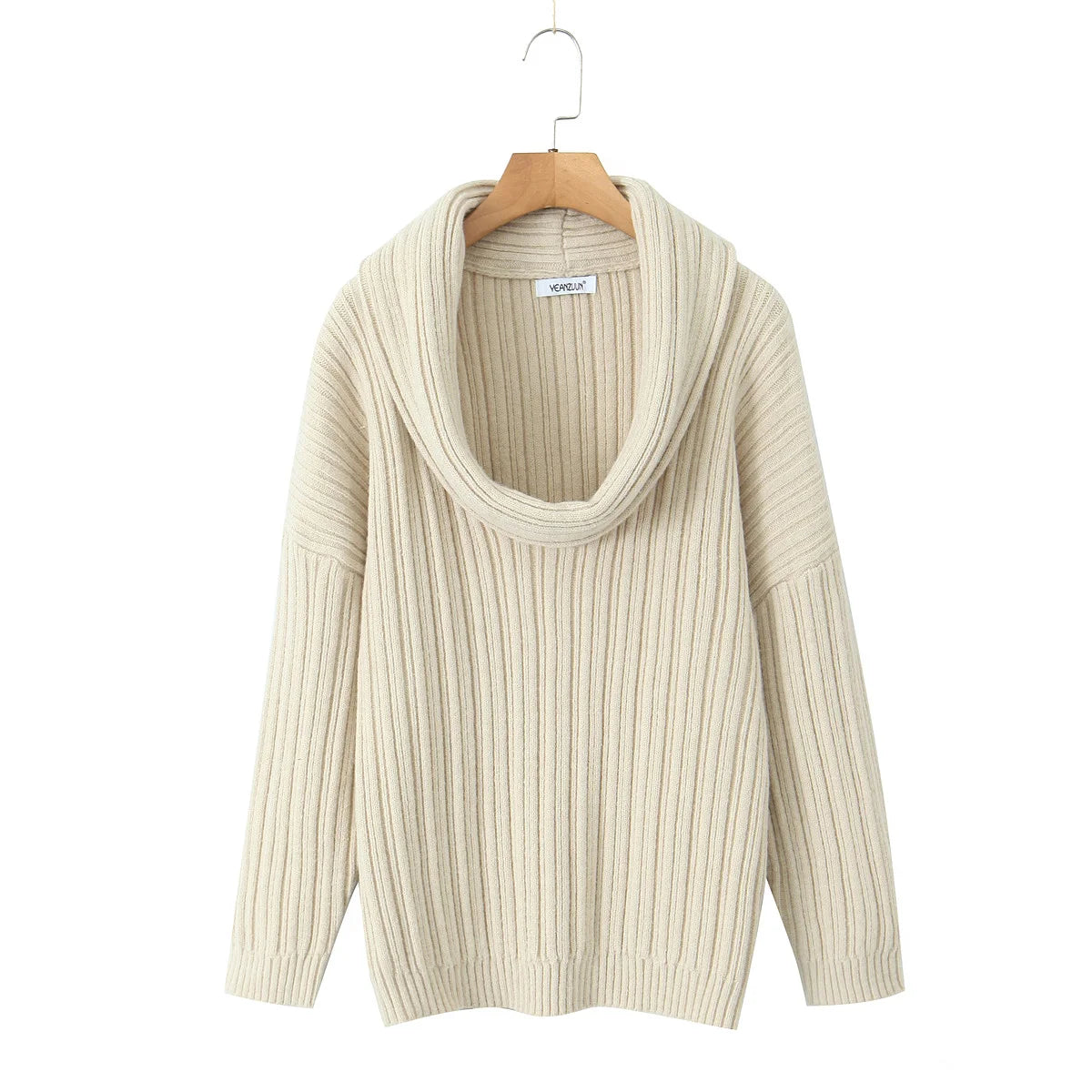 Winter Coffee Rib Knitting Ruched Slash Shoulder Pullover Women Full Sleeve Loose Thick Cozy Sweater