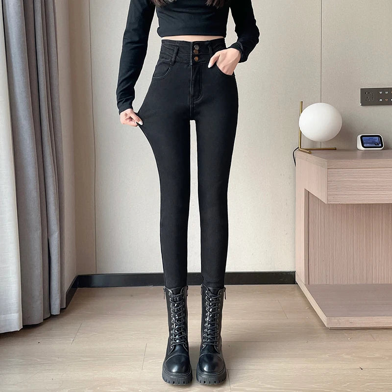 Amy Fashion - Winter Plus Velvet Women Warm Skinny Pencil Pants Thickened High Waist Casual Slim Stretch Denim Trousers Jean