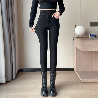 Amy Fashion - Winter Plus Velvet Skinny Women Stretch Denim Trousers Retro Patchwork Autumn Warm Thick Pencil Pants Jean