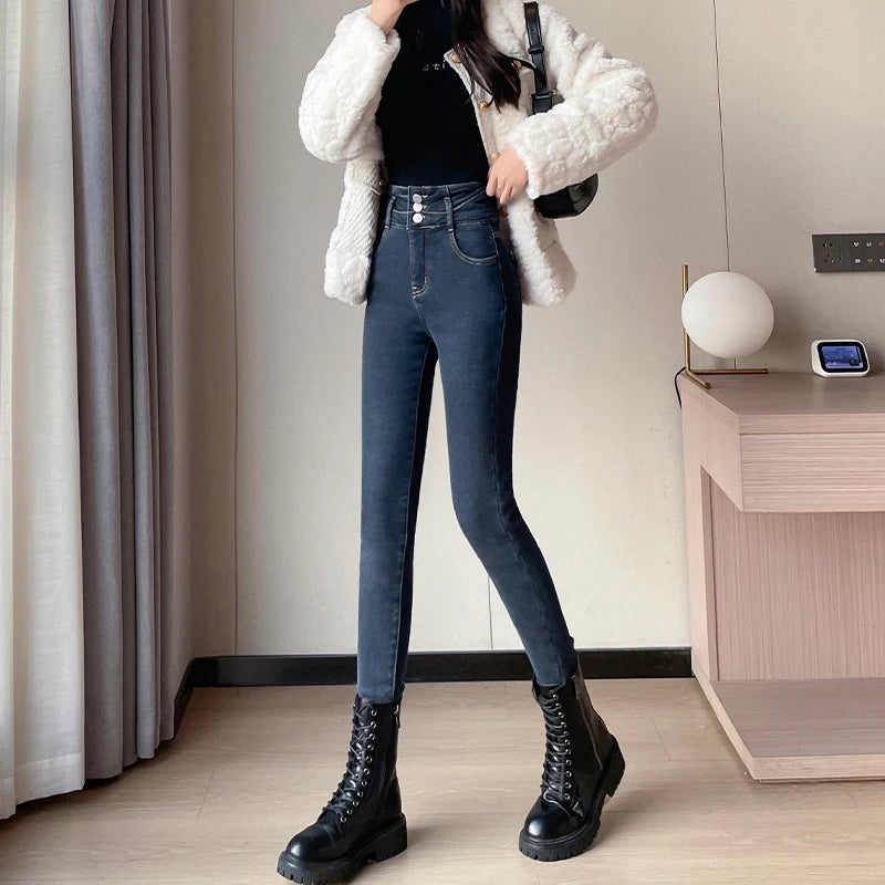 Amy Fashion - Winter Plus Velvet Skinny Women Stretch Denim Trousers Retro Patchwork Autumn Warm Thick Pencil Pants Jean