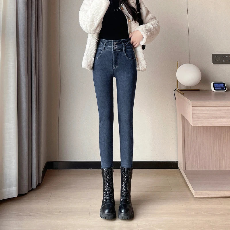 Amy Fashion - Winter Plus Velvet Skinny Women Stretch Denim Trousers Retro Patchwork Autumn Warm Thick Pencil Pants Jean