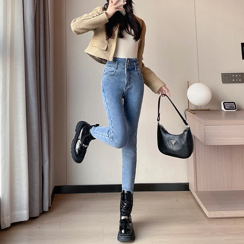 Amy Fashion - Winter Plus Velvet Skinny Women Stretch Denim Trousers Retro Patchwork Autumn Warm Thick Pencil Pants Jean