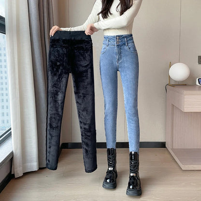 Amy Fashion - Winter Plus Velvet Warm Women Thickened High Waist Casual Slim Stretch Denim Trousers Skinny Pencil Pants Jean