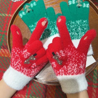 Cashmere Christmas Tree Knit Skiing Full Finger Plush Gloves