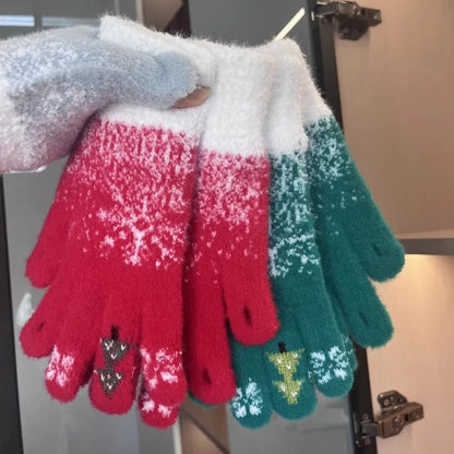 Cashmere Christmas Tree Knit Skiing Full Finger Plush Gloves