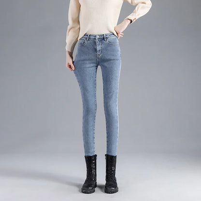 Amy Fashion - Winter Warm Thick Velvet High Skinny Slim Stretch Pencil Denim Jean