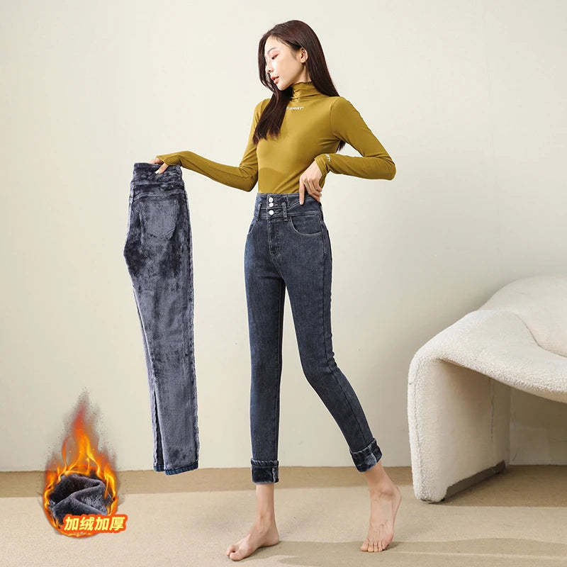 Amy Fashion - Winter Warm Women High Waist Skinny Thick Velvet Casual Lady Denim Pencil Pants Plus Size Fleece Slim Fit Stretch Trousers Jean