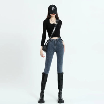 Amy Fashion - Winter Women Stretch Thicken Lamb Fluff High Waist Fleece Lined Warm Slim Denim Pencil Pants Jean