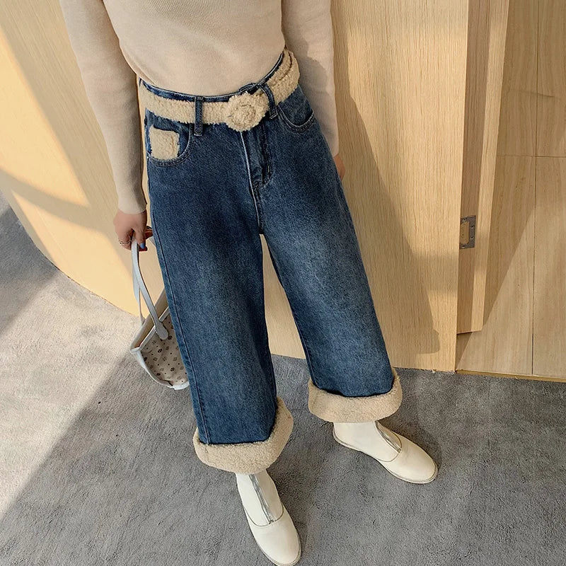 Amy Fashion - Winter Thick Velvet Fleece Faux Lambs Wool Stitching Fashion High Waist Casual Warm Wide Leg Denim Jean