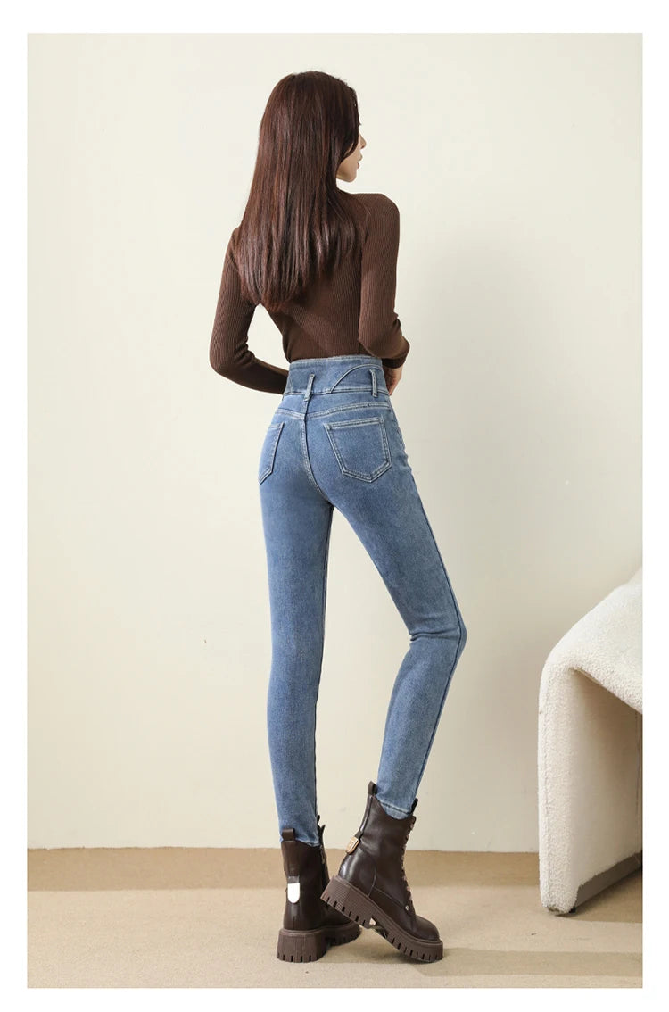 Amy Fashion - Winter Women Thicken Lamb Fluff High Waist Stretchy Fleece Lined Warm Slim Denim Pencil Pants Jean