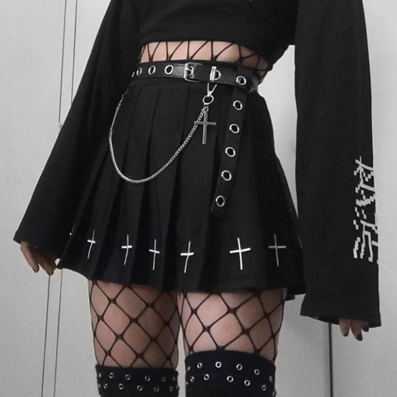 Dark Cross Pattern Style Women's Gothic High Mini Skirt Mini Ladies Waist Pleated