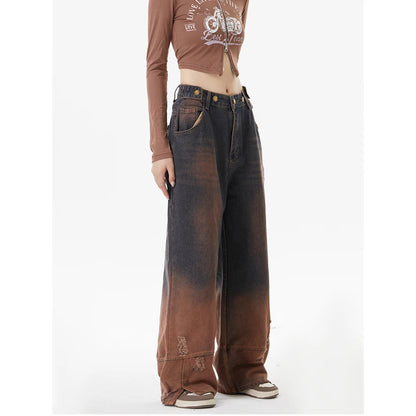 Contrasting Colors Vintage American Wide Leg Fashion Y2K Winter Female Jeans