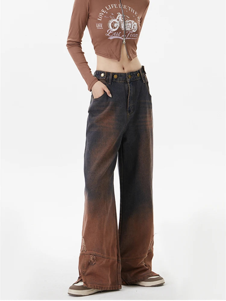 Contrasting Colors Vintage American Wide Leg Fashion Y2K Winter Female Jeans