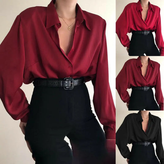 Spring Satin Red Lantern Sleeve V-neck Elegant Blouse