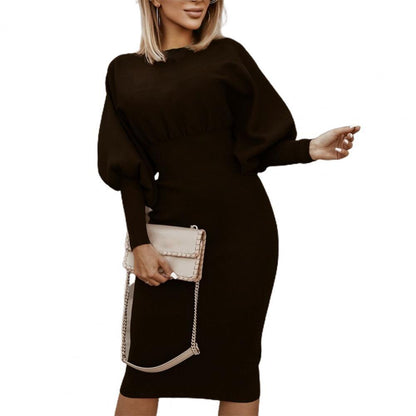 Amy Fashion - Puff Sleeve Slim Round Neck Knee Length Office Dress