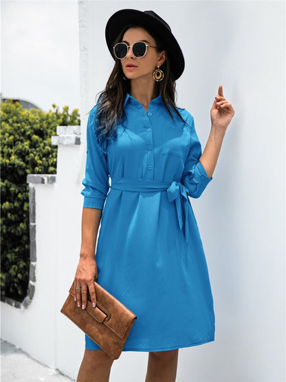 Amy Fashion - Solid Color Button Lapel Sleeve Shirt Dress