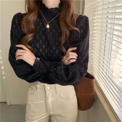 Elegant Floral Turtleneck Lace Autumn Long Sleeve Fashion Spring Lady Top Blouse