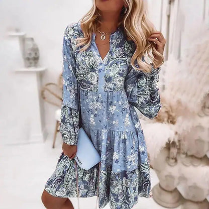 Amy Fashion - Summer Floral Print V Neck Ruffles Boho Dress