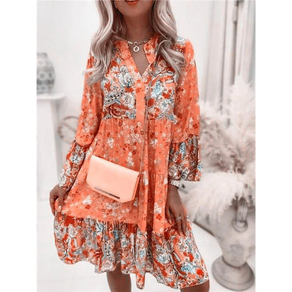 Amy Fashion - Summer Floral Print V Neck Ruffles Boho Dress