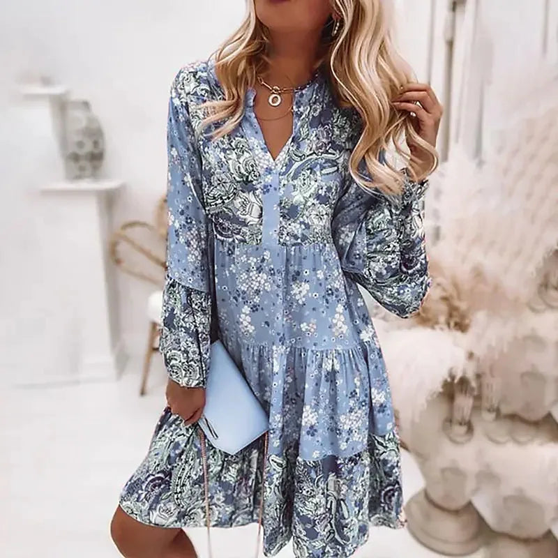 Amy Fashion - Summer Floral Print V Neck Ruffles Boho Dress