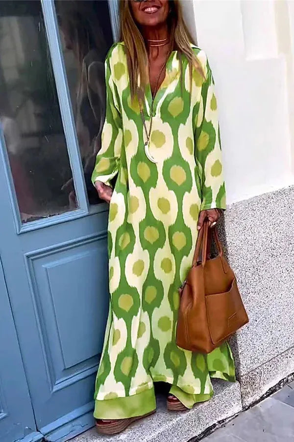 Amy Fashion - Geometric Printing Split Autumn V Neck Boho Dress