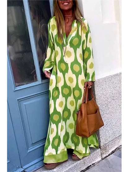 Amy Fashion - Geometric Printing Split Autumn V Neck Boho Dress