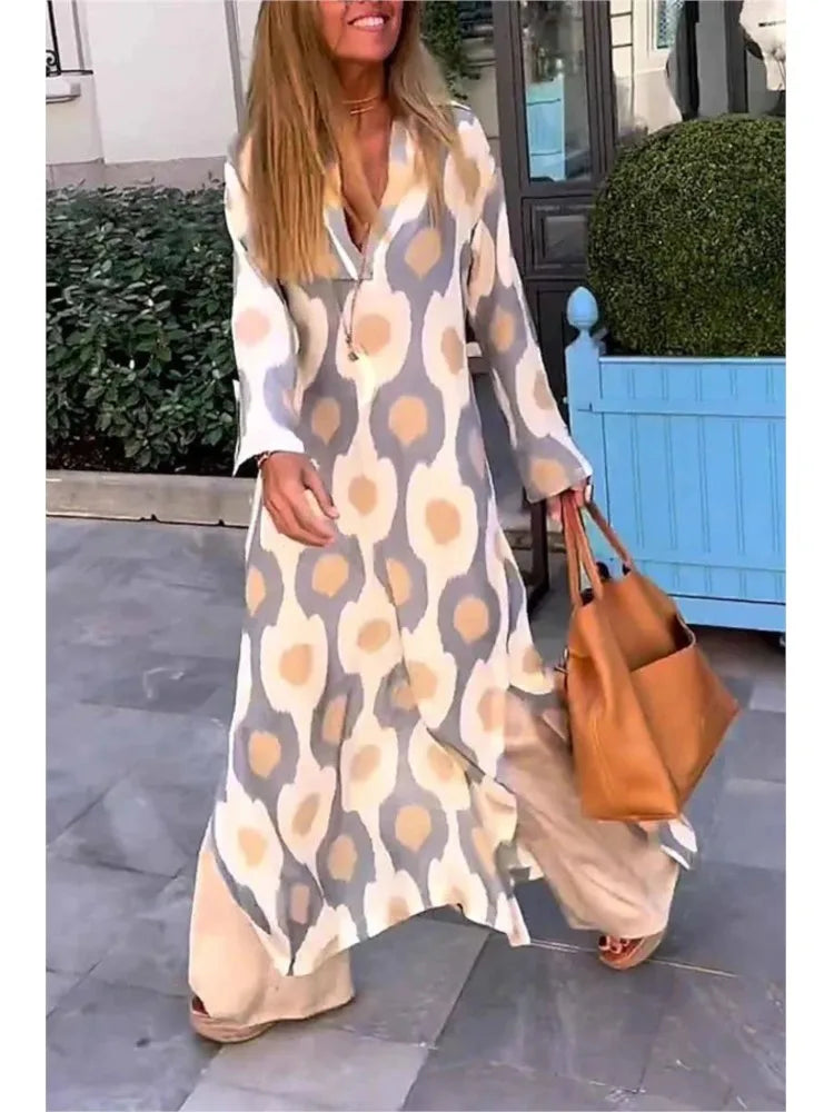 Amy Fashion - Geometric Printing Split Autumn V Neck Boho Dress