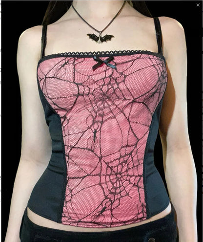 Gothic Web Pattern Top Sleeveless Backless Spider Crop Zipper