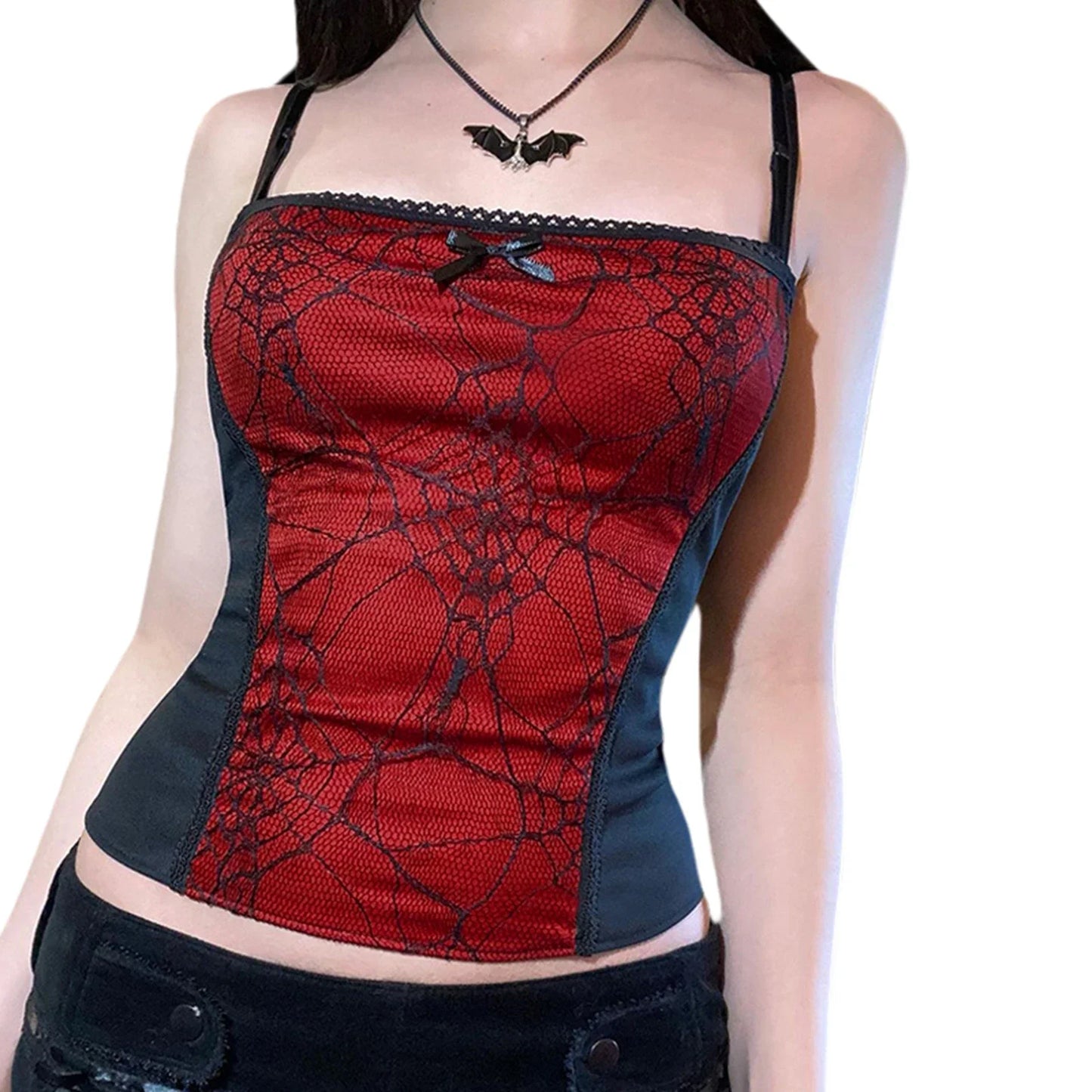 Gothic Web Pattern Top Sleeveless Backless Spider Crop Zipper