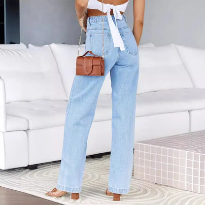 High Waist Loose Fit Wide Leg Button Basics Solid Color Denim Casual Pockets Jean