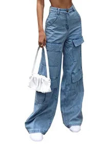 Wide Leg Cargo Denim Mid Waist Zipper Loose Slight Stretch High Street Solid Pockets Jean