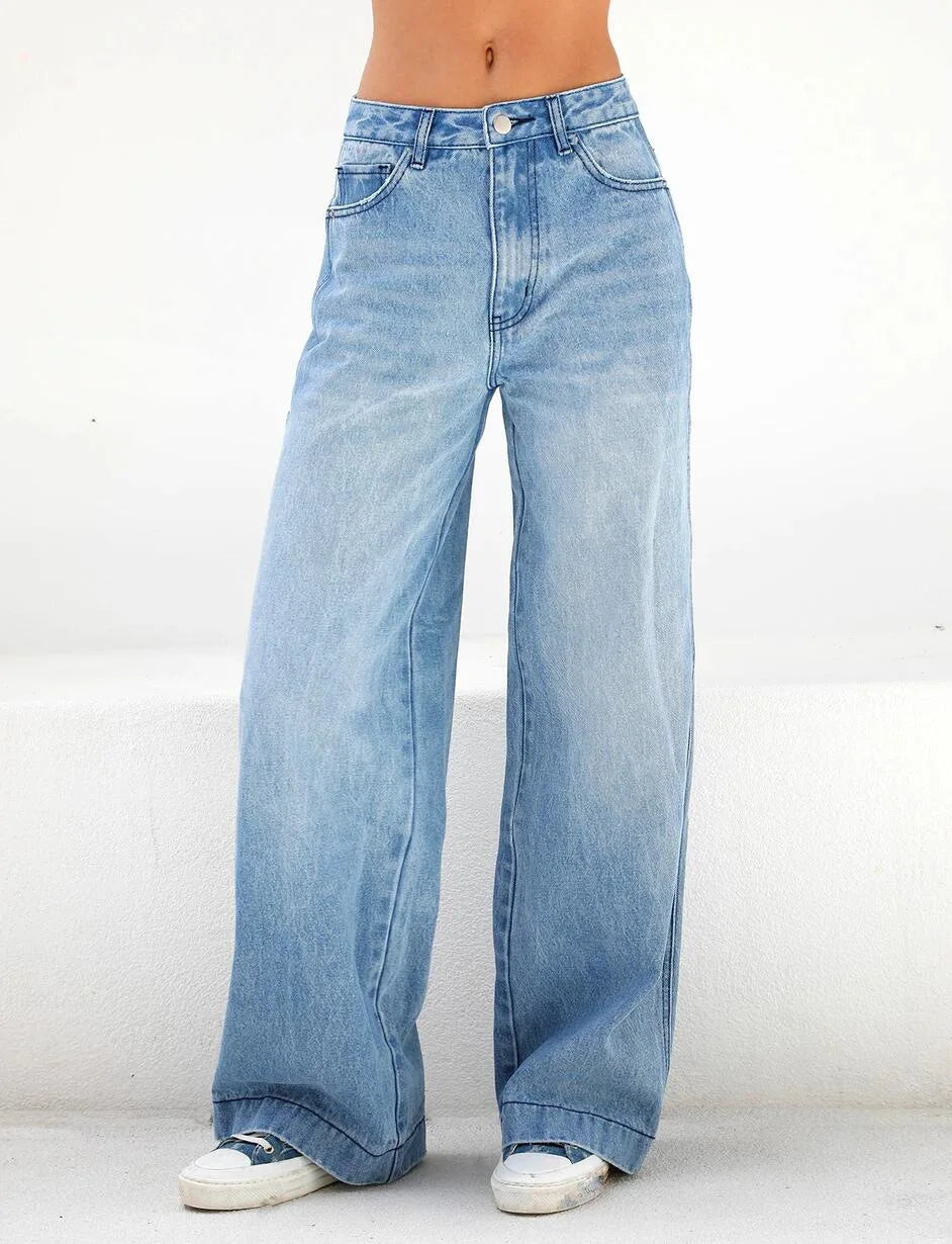 Wide Leg Denim Pockets Loose High Waist Full Length Zipper Fly Solid Color Streetwear Jean